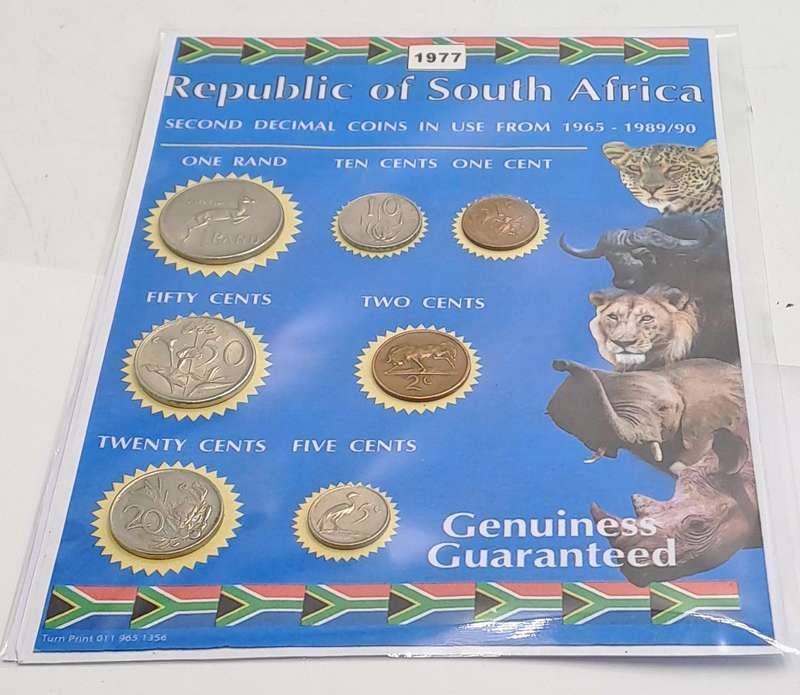 1977 Republic Of South Africa full set of 7 Coins on a Printed Sheet-Circulated Coins