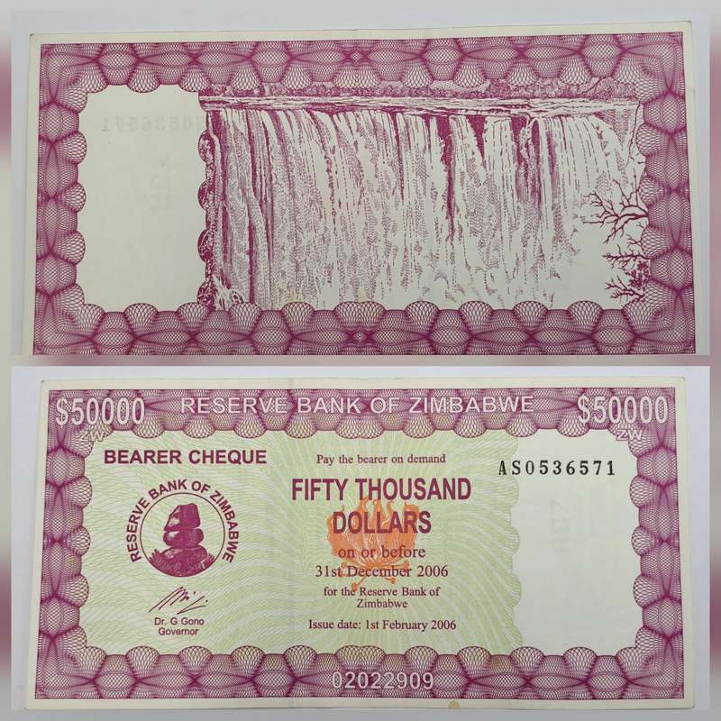 2006 Zimbabwe 50 000 Dollars Emergency Bearer Cheque-Bank Note