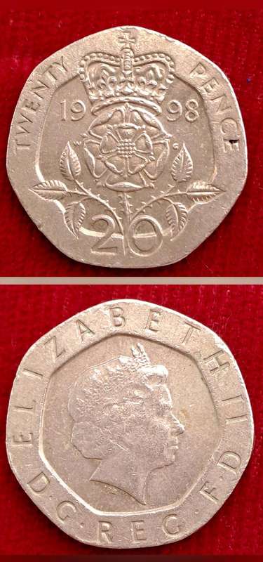 1998 United Kingdom 20 Pence - Elizabeth II 4th portrait, Tudor Rose- Coin