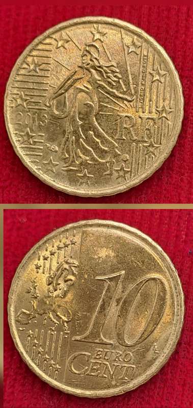 2003 France 10 Euro Cents 1st map, coarse reeding