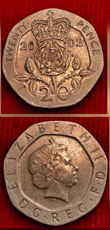2002 United Kingdom 20 Pence - Elizabeth II 4th portrait, Tudor Rose