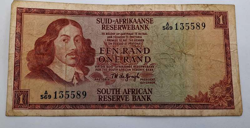 1967 South Afrika 1 Rand Note-T.W. de Jongh - First Issue  Afrikaans -English