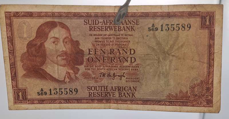 1967 South Afrika 1 Rand Note-T.W. de Jongh - First Issue  Afrikaans -English