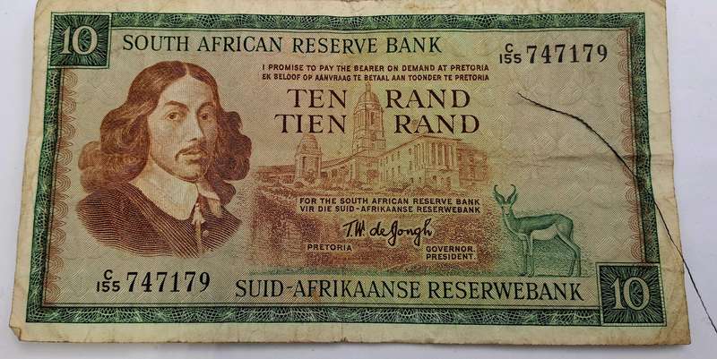 1975 South Africa R10 (Ten Rand) Note T.W. de Jongh - Third Issue  -English-Afrikaans
