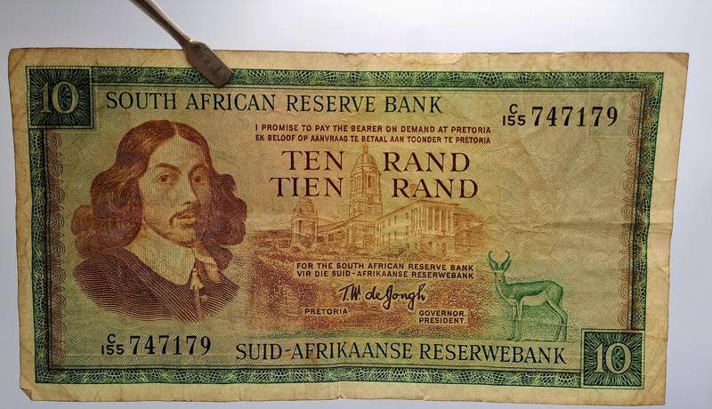 1975 South Africa R10 (Ten Rand) Note T.W. de Jongh - Third Issue  -English-Afrikaans