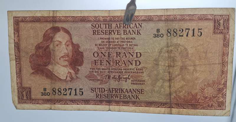 1975 South Africa R1 ( One Rand ) Note -T.W. de Jongh - Third Issue  -English-Afrikaans-