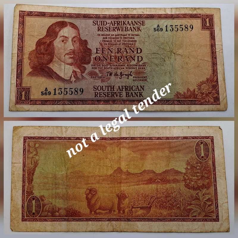 1967 South Afrika 1 Rand Note-T.W. de Jongh - First Issue  Afrikaans -English