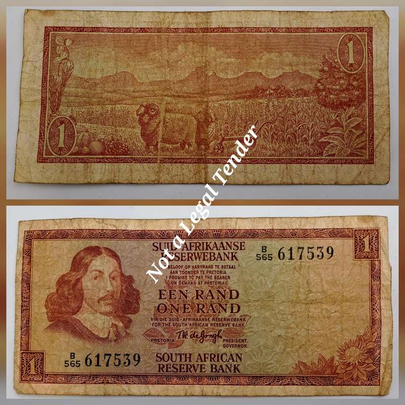 1975 One Rand (R1) T.W. de Jongh - Third Issue Banknote -Riebeeck Watermark