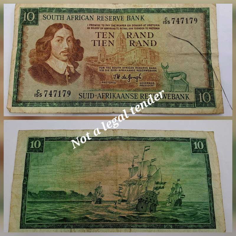 1975 South Africa R10 (Ten Rand) Note T.W. de Jongh - Third Issue  -English-Afrikaans