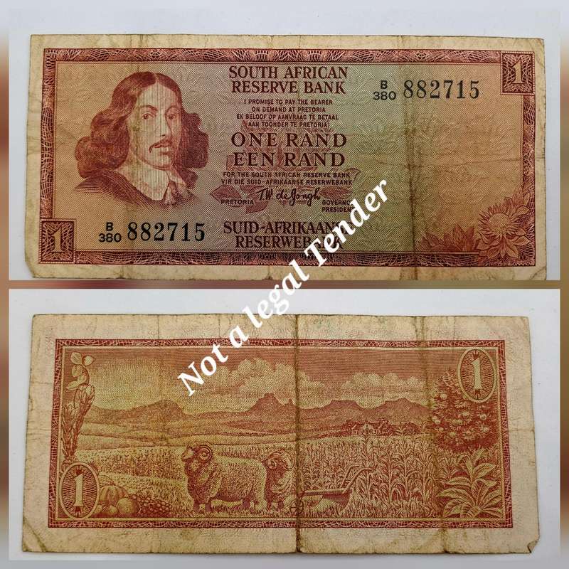 1975 South Africa R1 ( One Rand ) Note -T.W. de Jongh - Third Issue  -English-Afrikaans-
