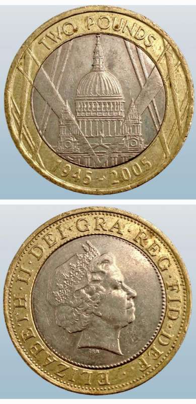 2005 UK 2 Pounds - Elizabeth II 4th portrait, St. Paul's Cathedral-60th anniversary end of WW2
