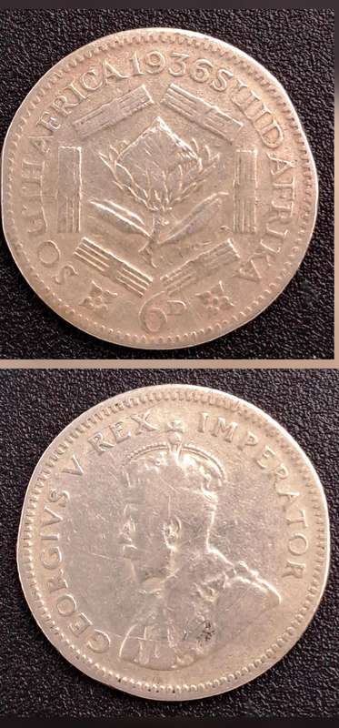 1936 South Africa  Silver 6 Pence - George V SUID-AFRIKA 6D