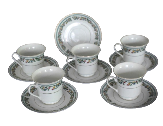 Vintage Elegance Verde Collection 5 Due`s and 1 extra saucer 2 tiny chips see photo