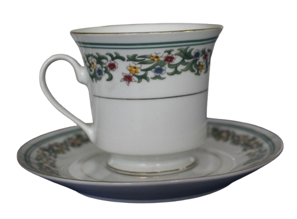 Vintage Elegance Verde Collection 5 Due`s and 1 extra saucer 2 tiny chips see photo