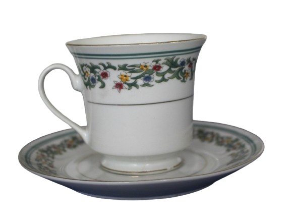 Vintage Elegance Verde Collection 5 Due`s and 1 extra saucer 2 tiny chips see photo