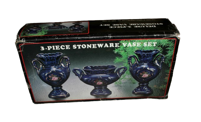 Vintage 1990 deluxe 3-Piece Stoneware Kobalt Vase Set Made in Taiwan expressly for YDC,York-as new