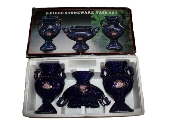 Vintage 1990 deluxe 3-Piece Stoneware Kobalt Vase Set Made in Taiwan expressly for YDC,York-as new