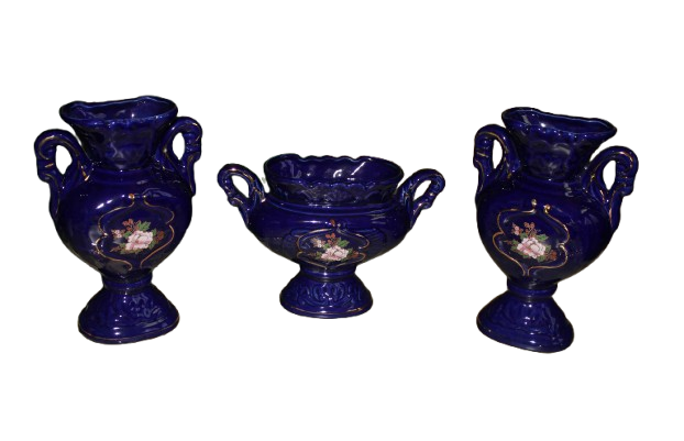 Vintage 1990 deluxe 3-Piece Stoneware Kobalt Vase Set Made in Taiwan expressly for YDC,York-as new