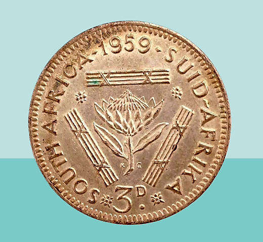 1959 South Africa  3 Pence 50% Silver -  Elizabeth II 1st portrait