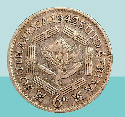 1942 South Africa  SILVER 6 Pence -80% Silver George VI Rex Imperator