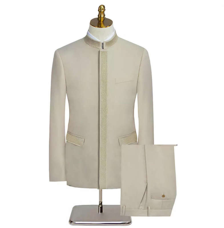 Mens  2-Piece Suit with Chinese Collar  Minimalist Royal Elegance
