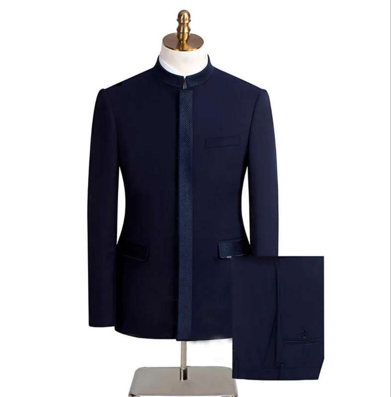 Mens  2-Piece Suit with Chinese Collar  Minimalist Royal Elegance