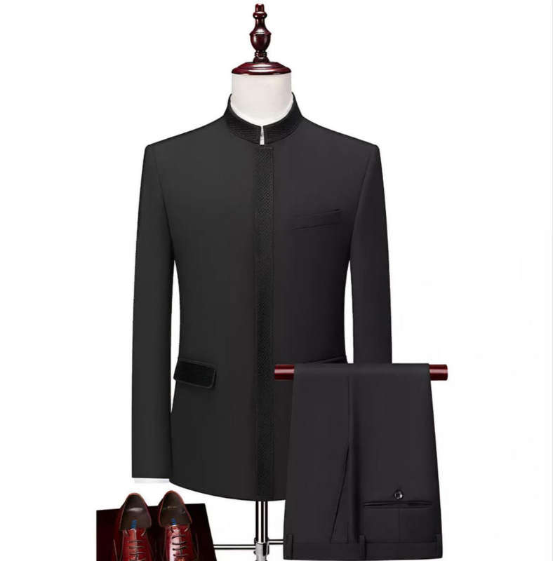 Mens  2-Piece Suit with Chinese Collar  Minimalist Royal Elegance