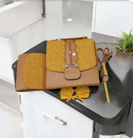 Classic Handbags Yellow Set for Women Ladies With Strap Wristwatch and Sunglass