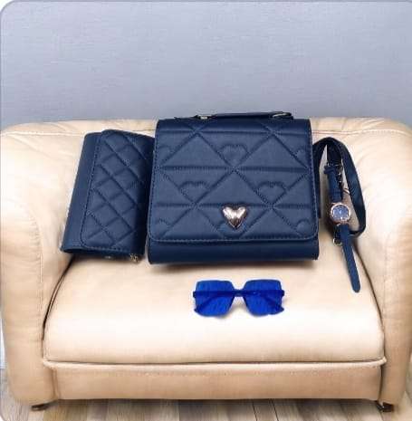 Classic Handbags Blue Set for Women Ladies With Strap Wristwatch and Sunglass