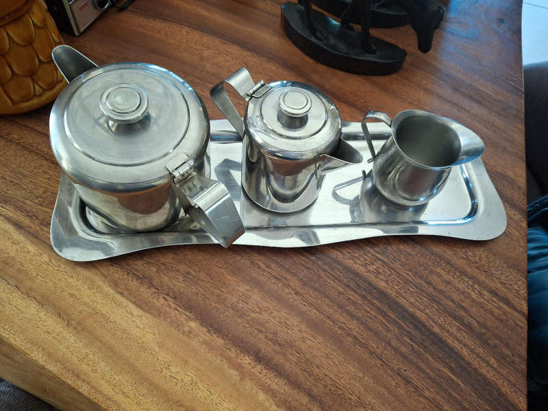 Stainless steel teapot, water pot, milk jug and tray set
