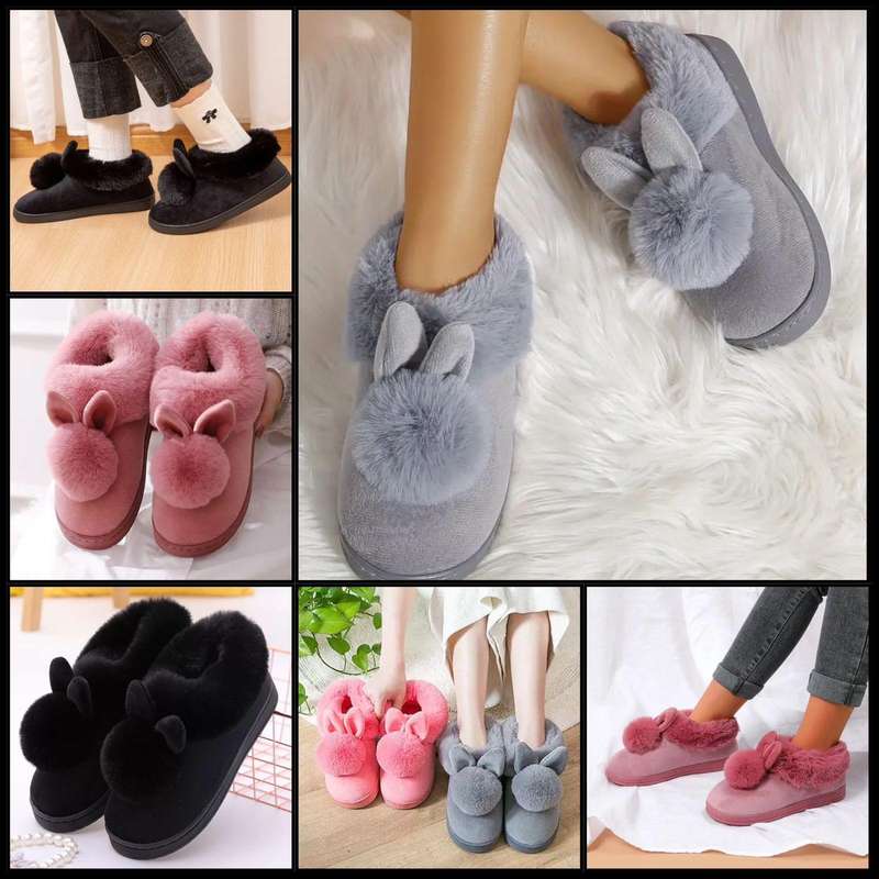 Rabbit Comfortable Shoes, Suede Plush Rabbit Slippers, Rabbit & Pom Pom Slippers, Size 3-8