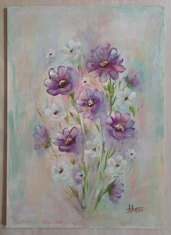 Artwork Kosmos blomme vir mamma - Acrylic painting