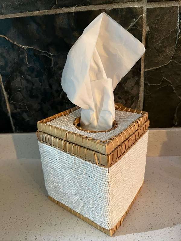 Beaded Tissue Box Square White