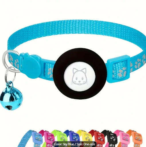 Cat Collar With Airtag Holder (Sky Blue Reflective Adjustable)
