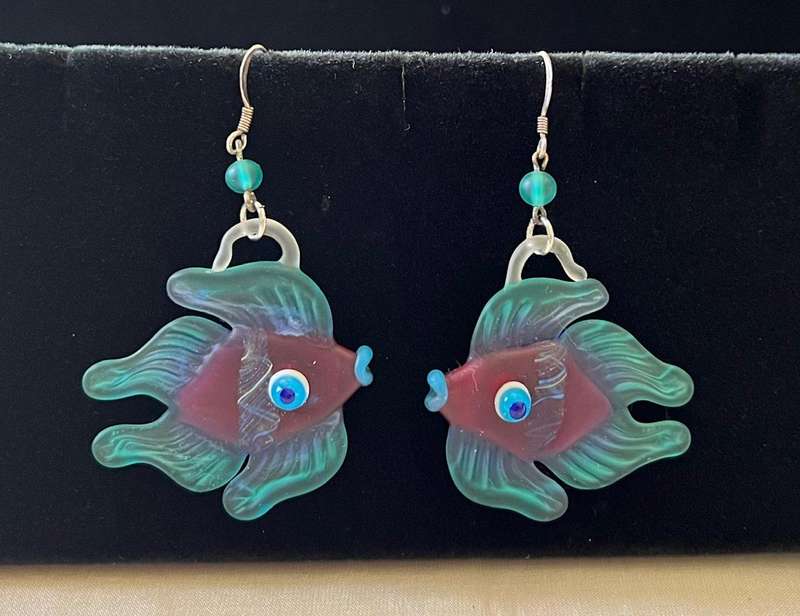 Large Vintage Sterling Silver Turquoise & Purple Glass FISH Pierced Earrings