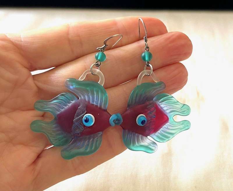 Large Vintage Sterling Silver Turquoise & Purple Glass FISH Pierced Earrings