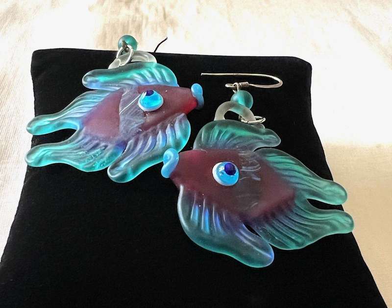 Large Vintage Sterling Silver Turquoise & Purple Glass FISH Pierced Earrings