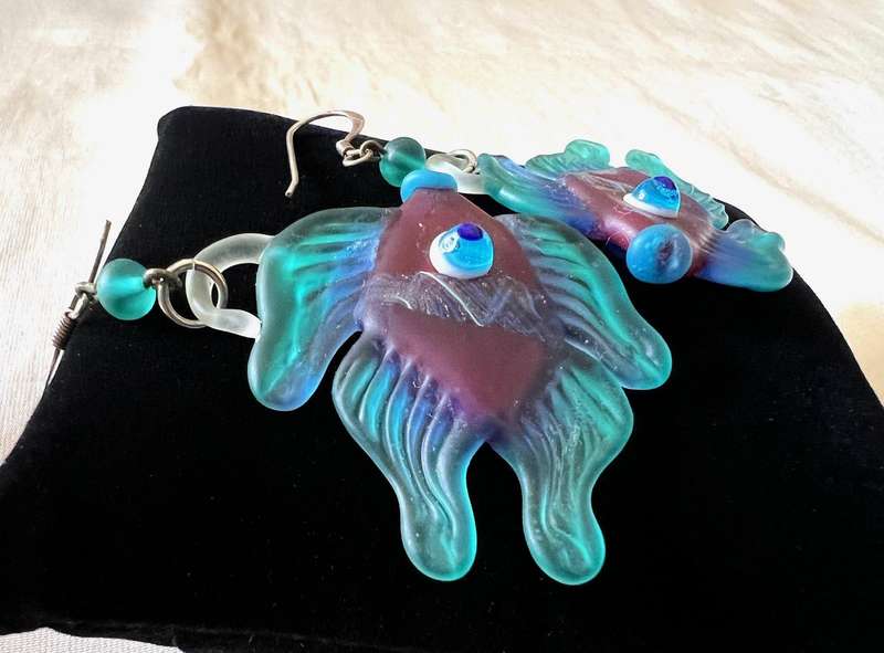 Large Vintage Sterling Silver Turquoise & Purple Glass FISH Pierced Earrings