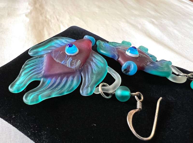 Large Vintage Sterling Silver Turquoise & Purple Glass FISH Pierced Earrings