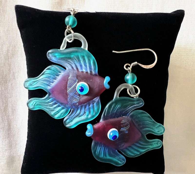 Large Vintage Sterling Silver Turquoise & Purple Glass FISH Pierced Earrings