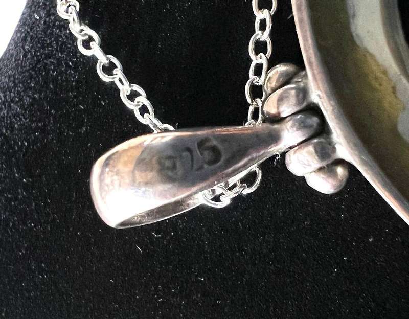 Vintage Sterling Silver Necklace w/ Large Iridescent Mother of Pearl Swirl Pendant