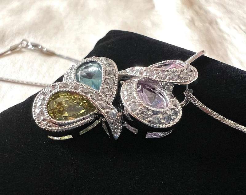 Pre-Loved Silver Tone Snake Chain Necklace w/ Pastel Colour Rhinestones Pendant