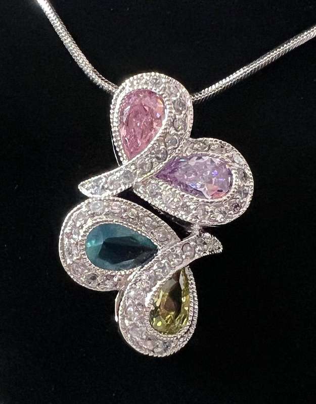 Pre-Loved Silver Tone Snake Chain Necklace w/ Pastel Colour Rhinestones Pendant