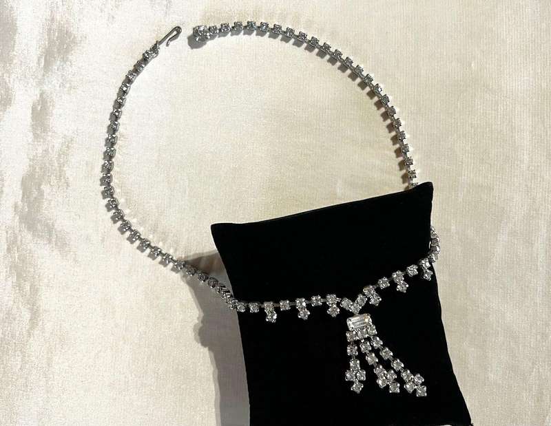 1950s Vintage Silver Tone Crystal Clear Rhinestones Choker Length Necklace