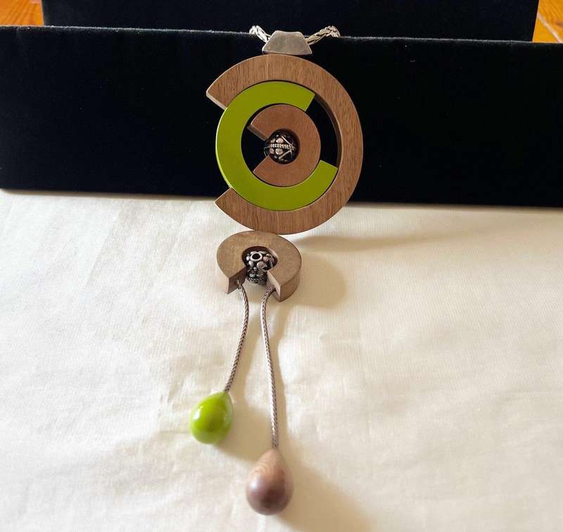 Super Stylish Pre-Loved Silver Tone & Peridot Green Wood Lucite Tassel Necklace by NATURE