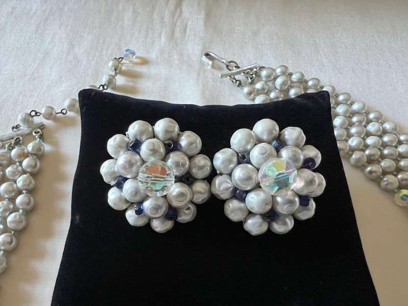1950s Vintage 5-String Layered Faux Pearls & Aurora Borealis Beads Necklace & Clip Earrings