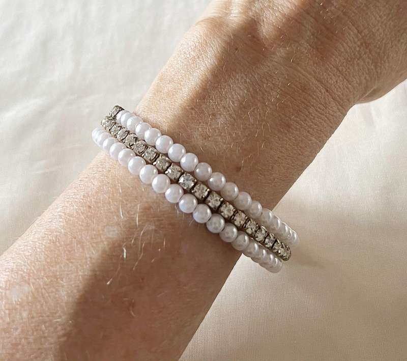 c1980s Vintage Gold Tone Crystal Clear Rhinestones & Faux Pearls Wrap Bracelet