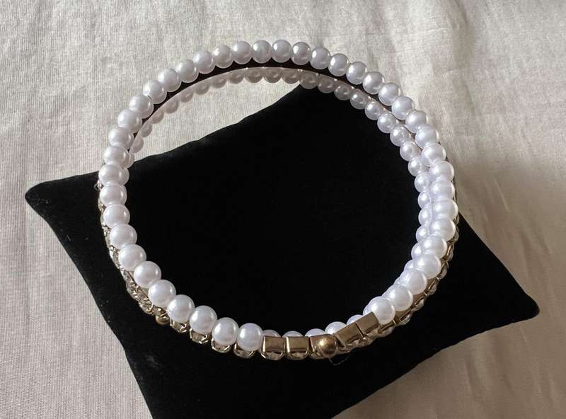 c1980s Vintage Gold Tone Crystal Clear Rhinestones & Faux Pearls Wrap Bracelet