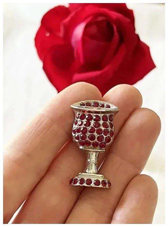 1950s Vintage Signed Silver Tone Red Rhinestones CHALICE WINE GOBLET Brooch by ORA