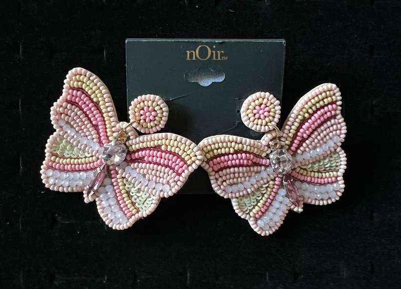Large Pre-Loved Pink Rhinestones & Pink Yellow Seeds BUTTERFLY Pierced Earrings